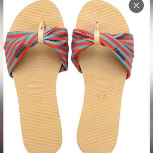 Havaianas St. Tropez Stripe Bow Flip-Flop Sandals Red-Green Sz 37/38 (US 7/8)